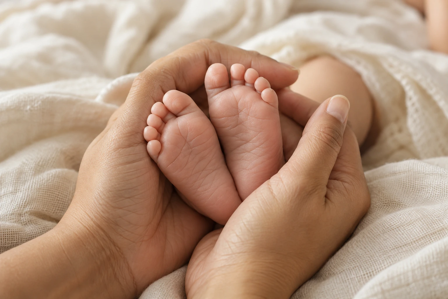 Mãe segurando delicadamente os pés do recém-nascido